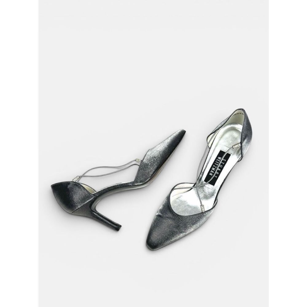 Stuart Weitzman Dark Silver Formal Heels Rhinestones Details Pointed Toe US 7,5